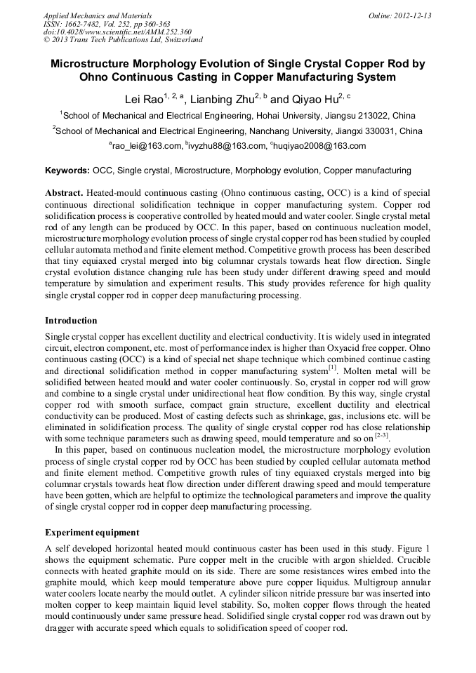 Microstructure Morphology Evolution of Single Crystal Copper Rod by