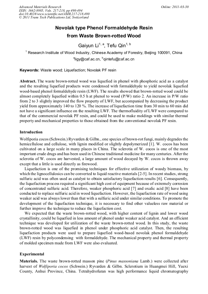 Novolak Type Phenol Formaldehyde Resin from Waste BrownRotted Wood