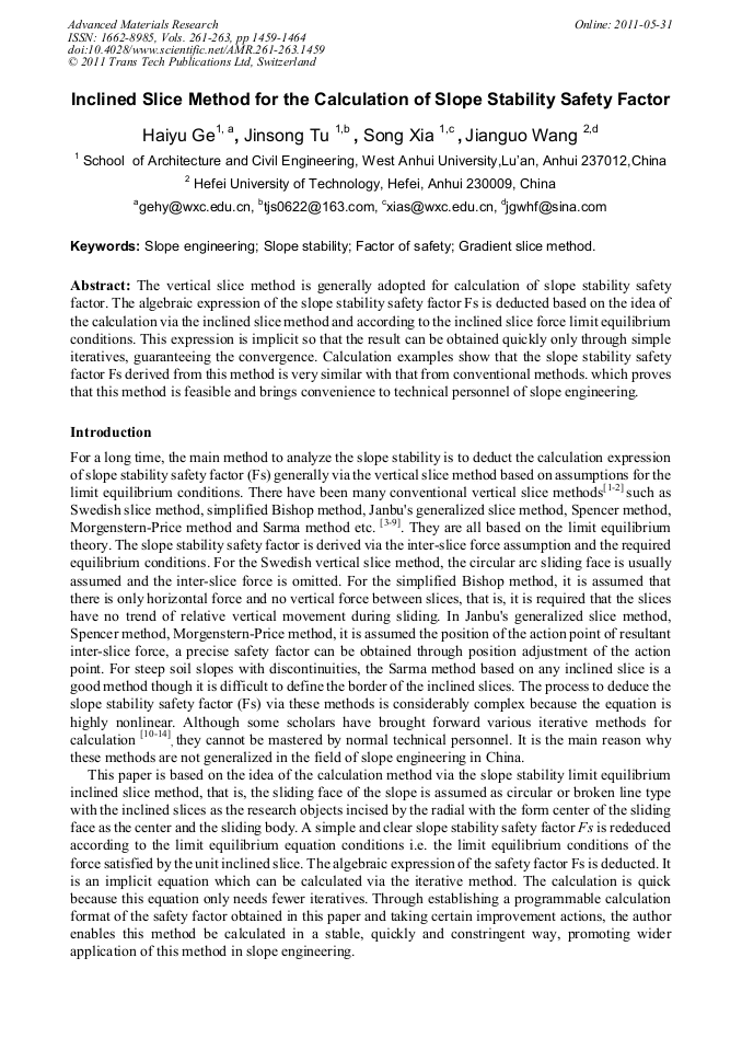 Inclined Slice Method for the Calculation of Slope Stability Safety Factor