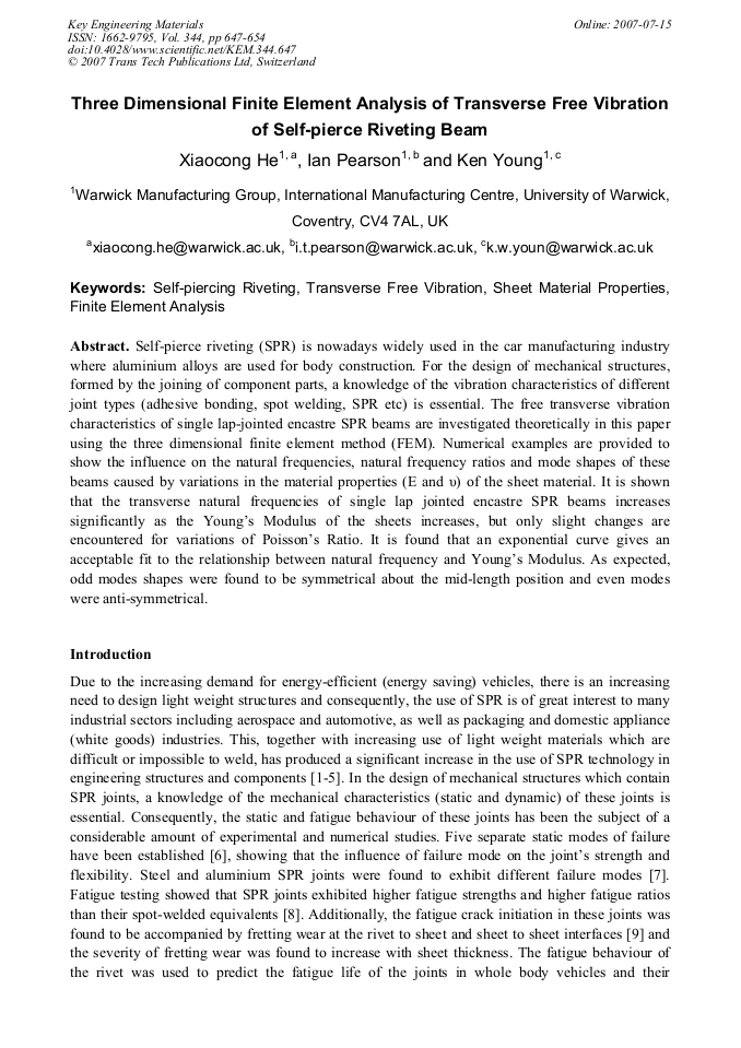 Analysis of Transverse Free Vibration of Self-Pierce Riveting Beam Analysis of Transverse Free Vibration of Self-Pierce Riveting Beam