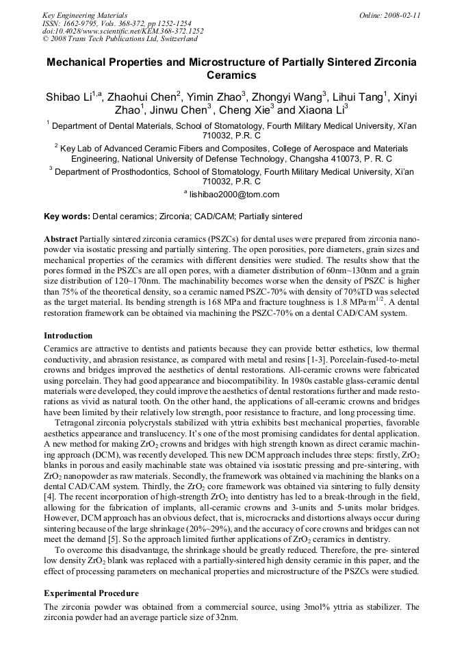 Mechanical Properties and Microstructure of Partially Sintered Zirconia