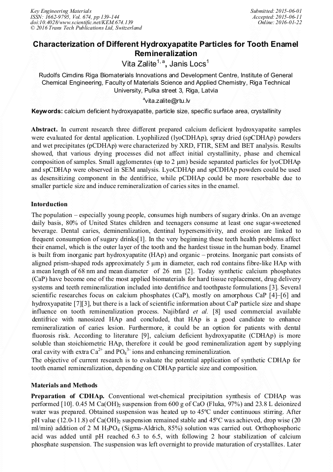Characterization of Different Hydroxyapatite Particles for Tooth Enamel