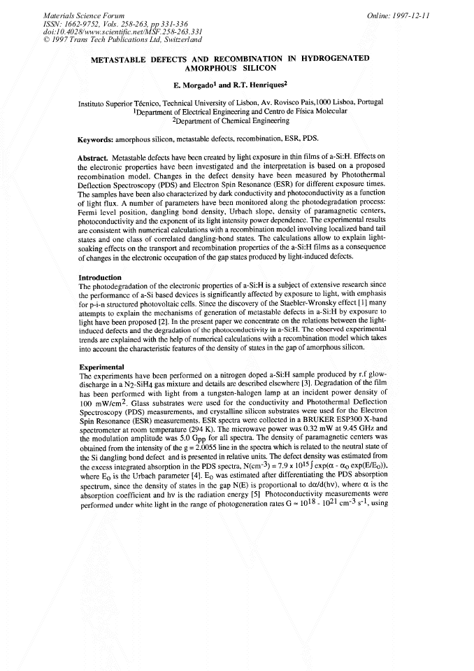 hydrogenated amorphous silicon. hydrogenated amorphous silicon. Metastable Defects and Recombination in