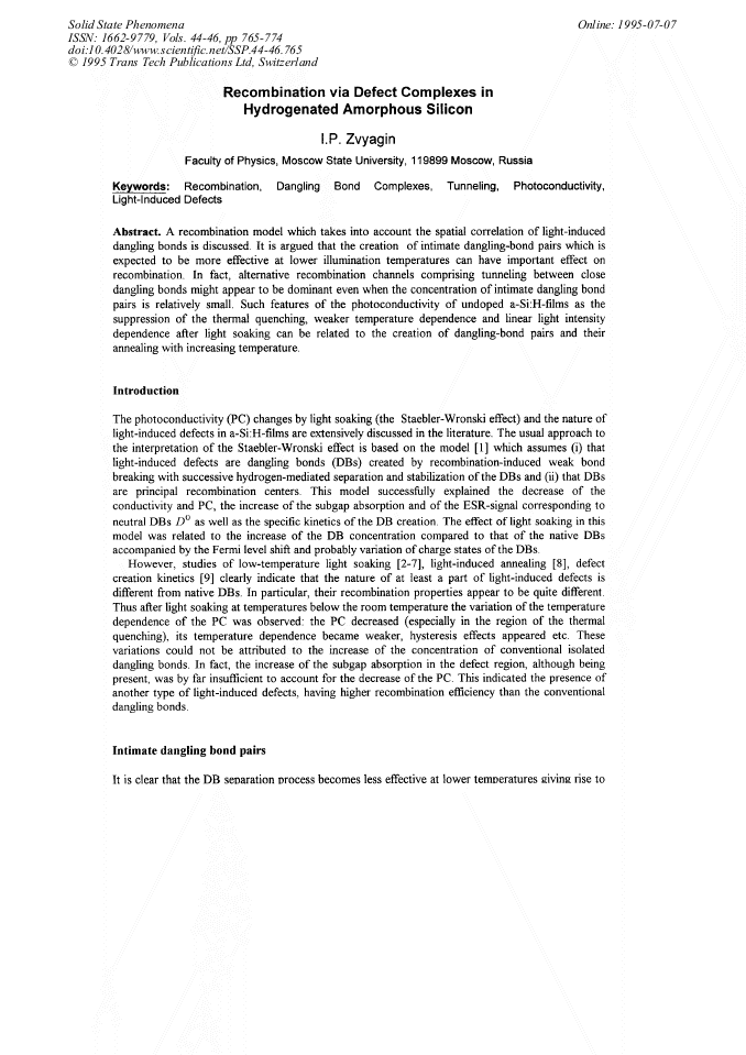 Recombination via Defect Complexes in Hydrogenated Amorphous Silicon hydrogenated amorphous silicon. Recombination via Defect Complexes in Hydrogenated Amorphous Silicon