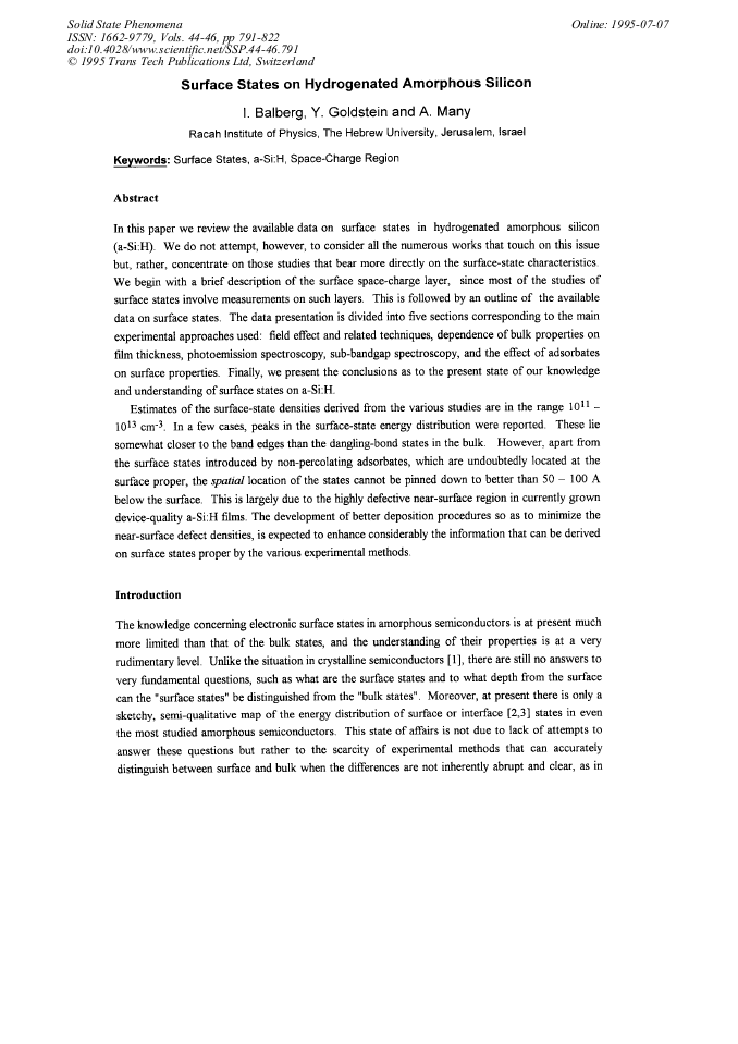 Surface States on Hydrogenated Amorphous Silicon hydrogenated amorphous silicon. Surface States on Hydrogenated Amorphous Silicon
