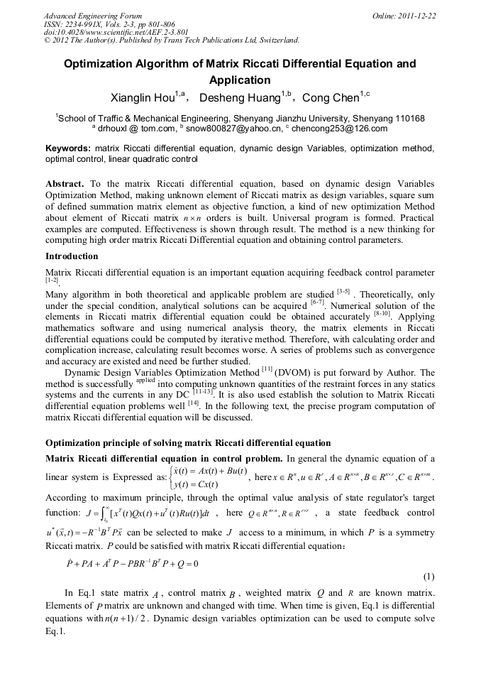 Optimization Algorithm Of Matrix Riccati Differential Equation And Optimization algorithm of matrix riccati differential equation and