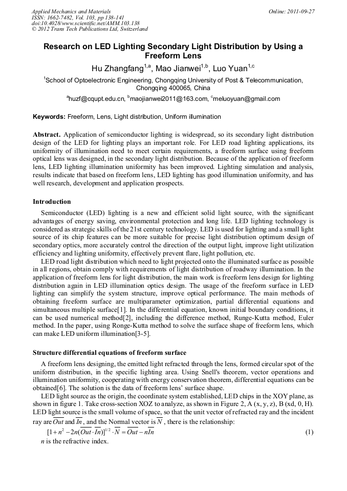 Research On Led Lighting Secondary Light Distribution By Using A Freeform Lens Scientific Net