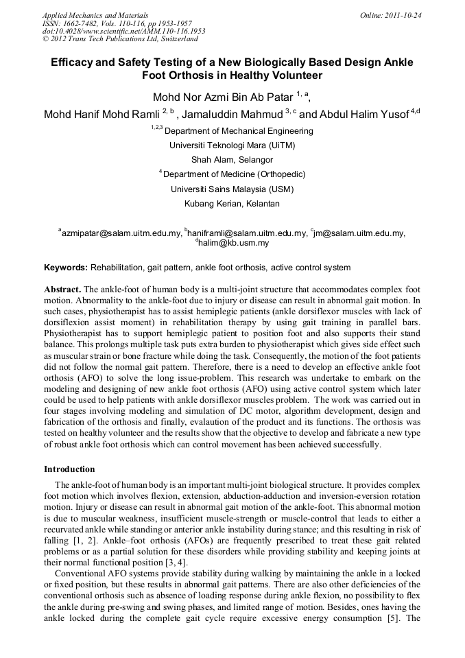 Efficacy And Safety Testing Of A New Biologically Based Design Ankle Foot Orthosis In Healthy Volunteer Scientific Net