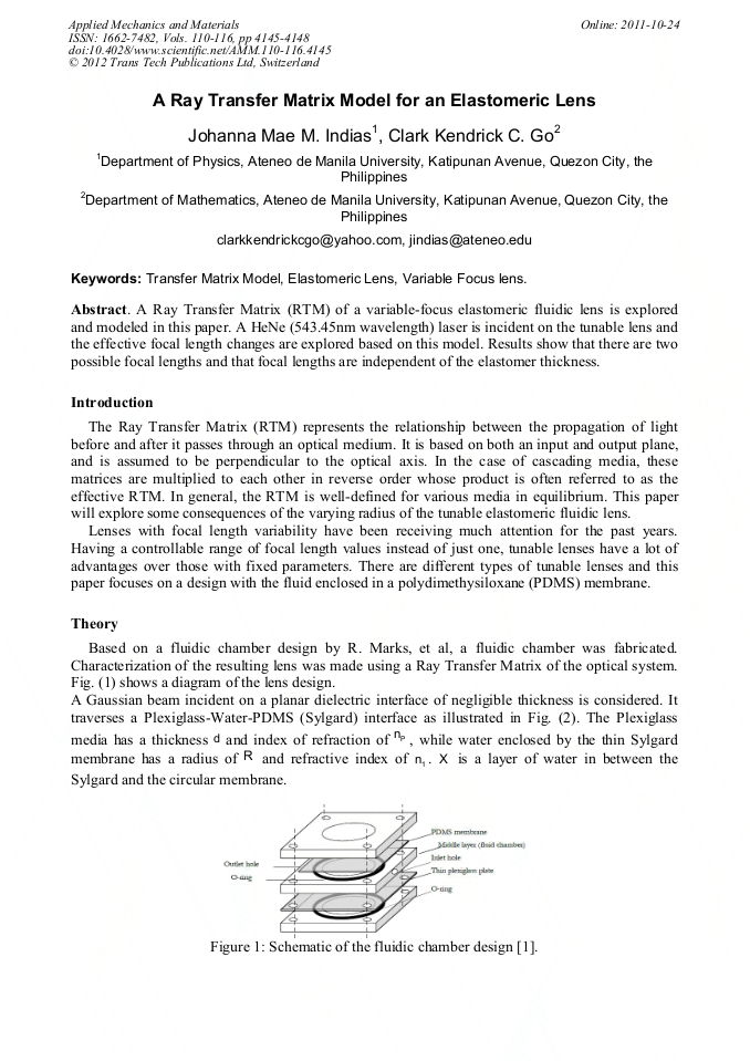 A Ray Transfer Matrix Model for an Elastomeric Lens | Scientific.Net