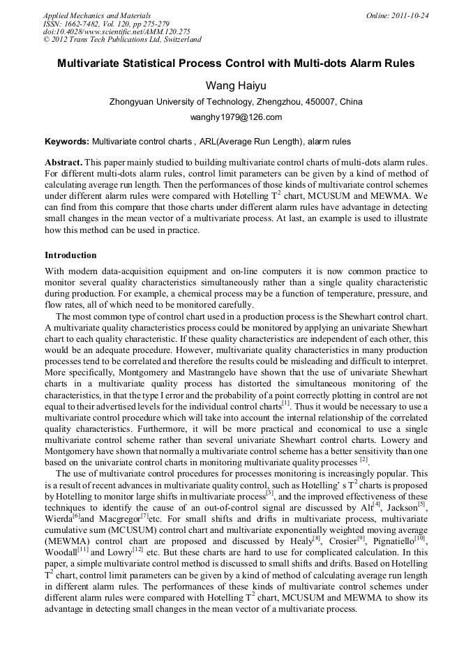 Multivariate Statistical Process Control with Multi-Dots Alarm Rules ...