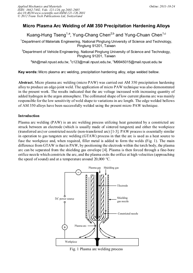 Micro Plasma Arc Welding of AM 350 Precipitation Hardening Alloys
