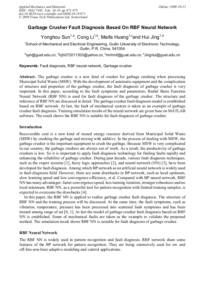 Garbage Crusher Fault Diagnosis Based on RBF Neural Network