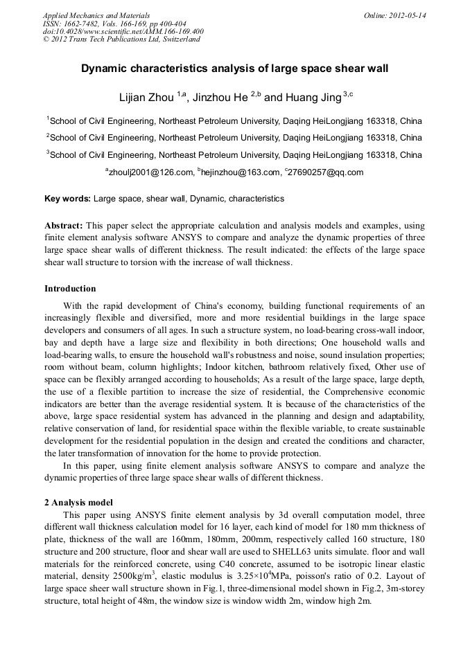 Dynamic Characteristics Analysis Of Large Space Shear Wall Scientific Net