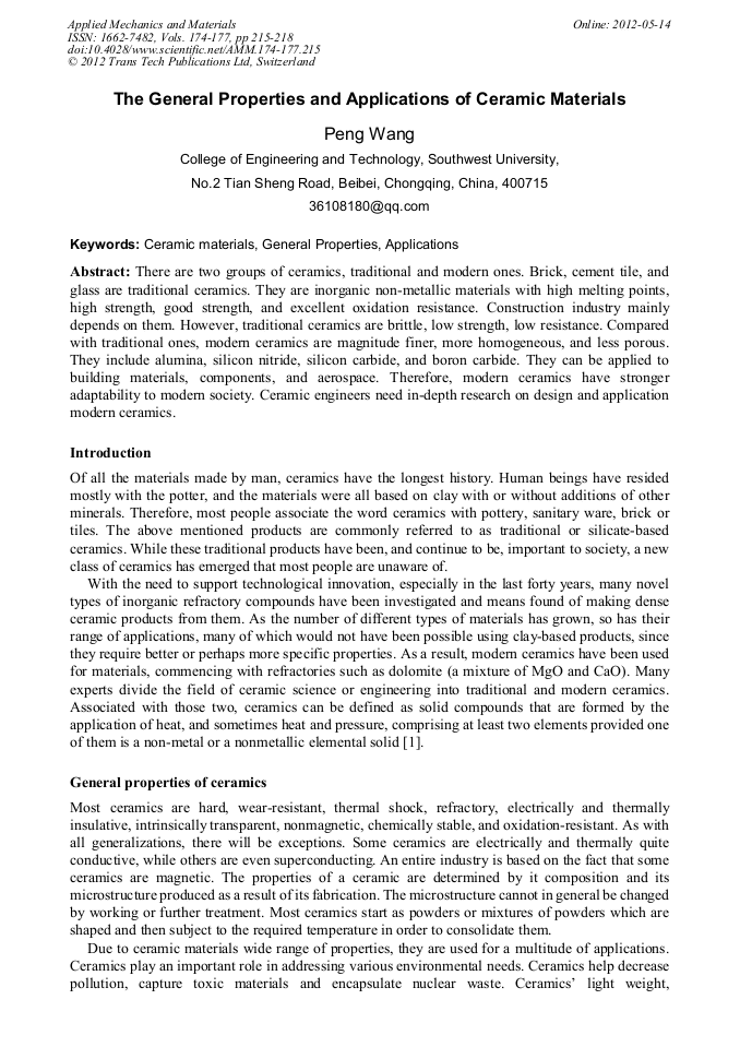 The General Properties and Applications of Ceramic Materials