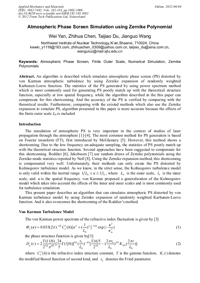 Atmospheric Phase Screen Simulation Using Zernike Polynomial Scientific Net