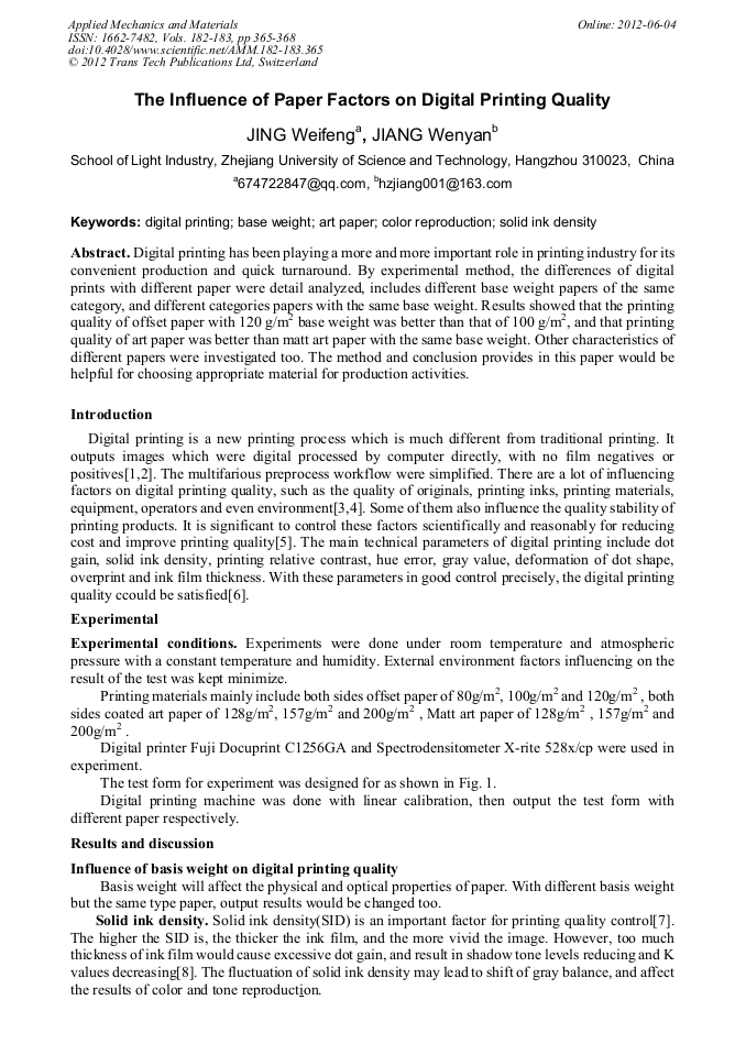 The Influence of Paper Factors on Digital Printing Quality