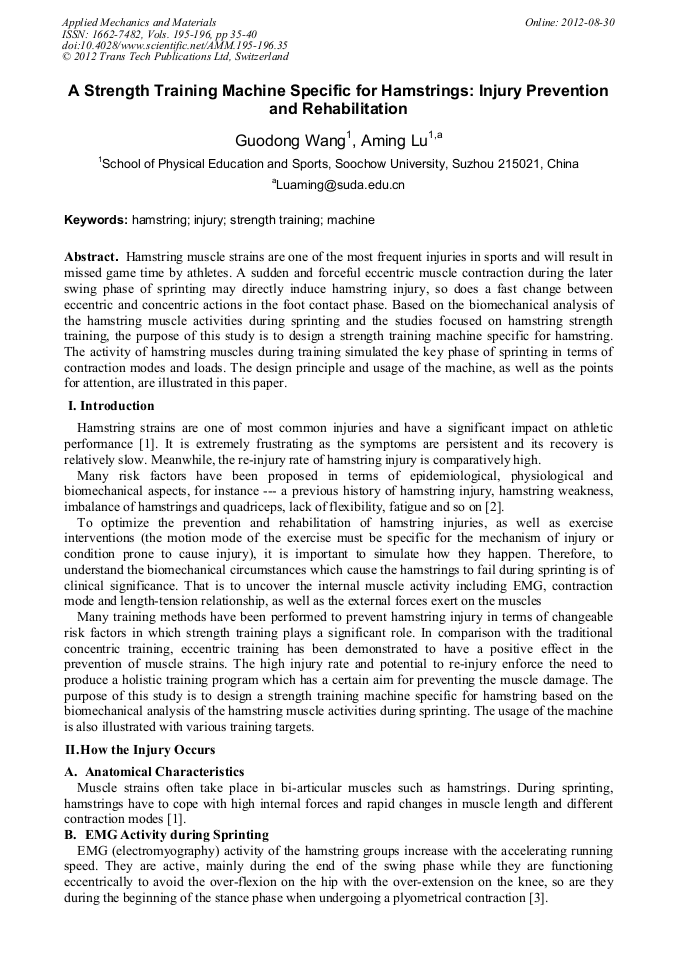 A Strength Training Machine Specific for Hamstrings Injury Prevention