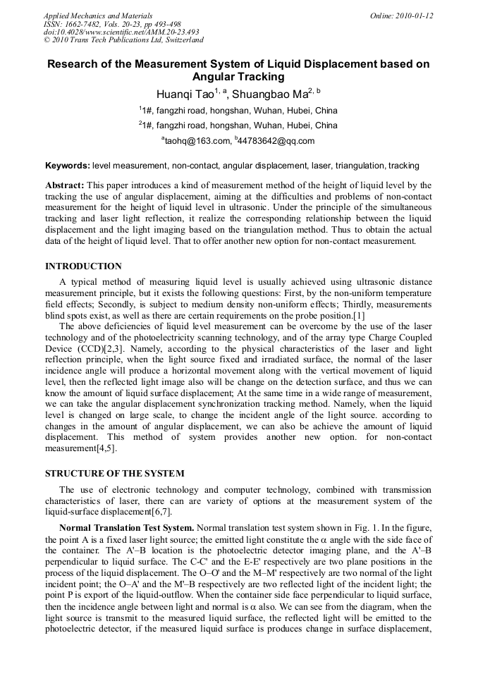 Research of the Measurement System of Liquid Displacement Based on