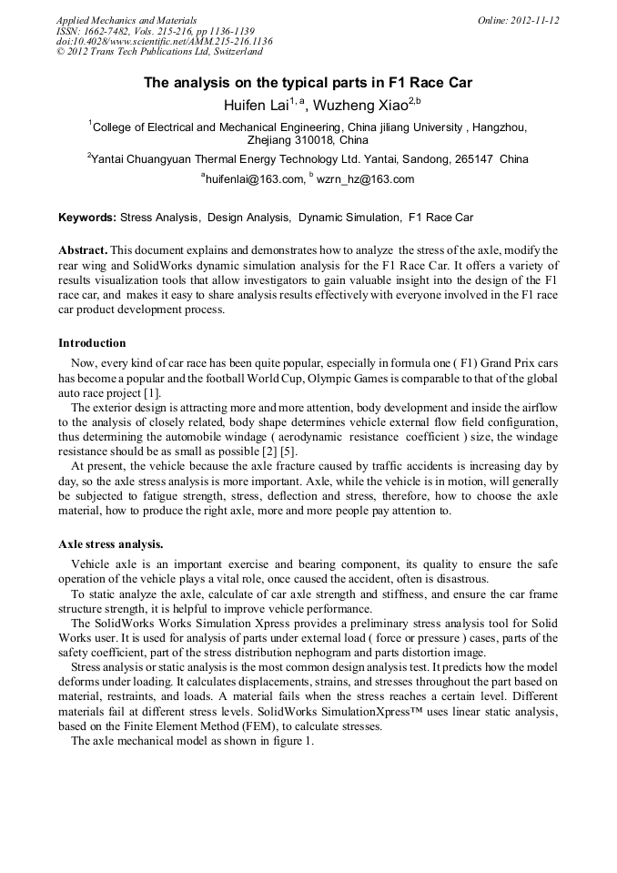 The Analysis on the Typical Parts in F1 Race Car | Scientific.Net