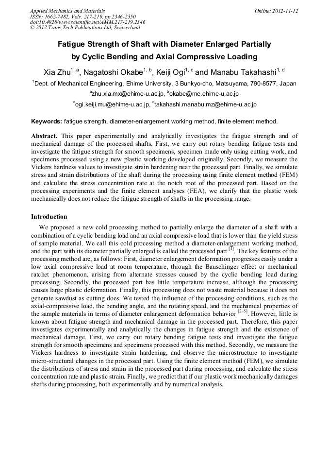 Fatigue Strength of Shaft with Diameter Enlarged Partially by Cyclic