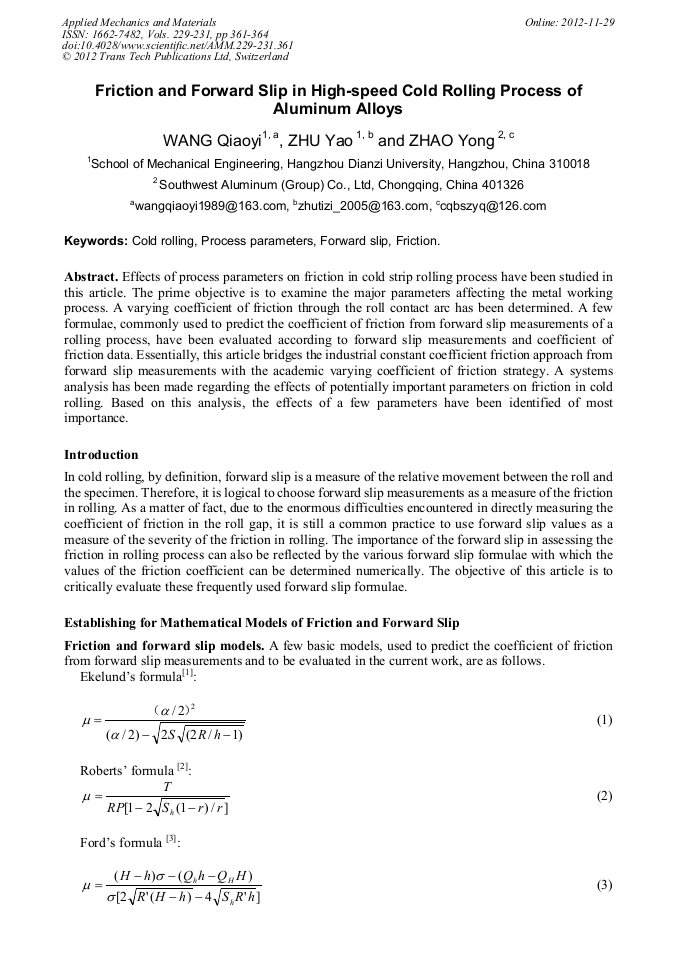 Friction and Forward Slip in HighSpeed Cold Rolling Process of