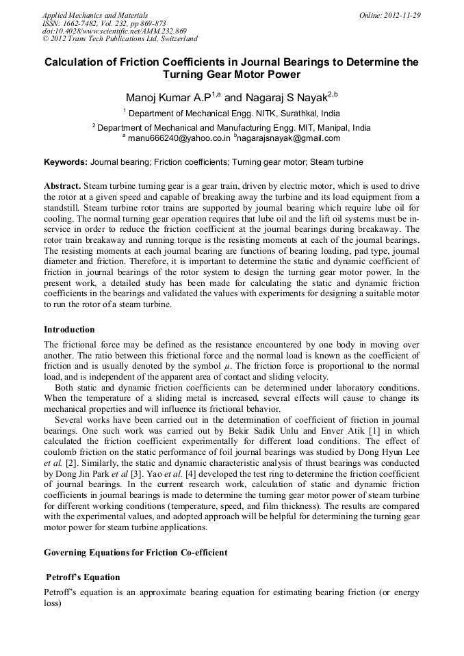 Calculation of Friction Coefficients in Journal Bearings to Determine