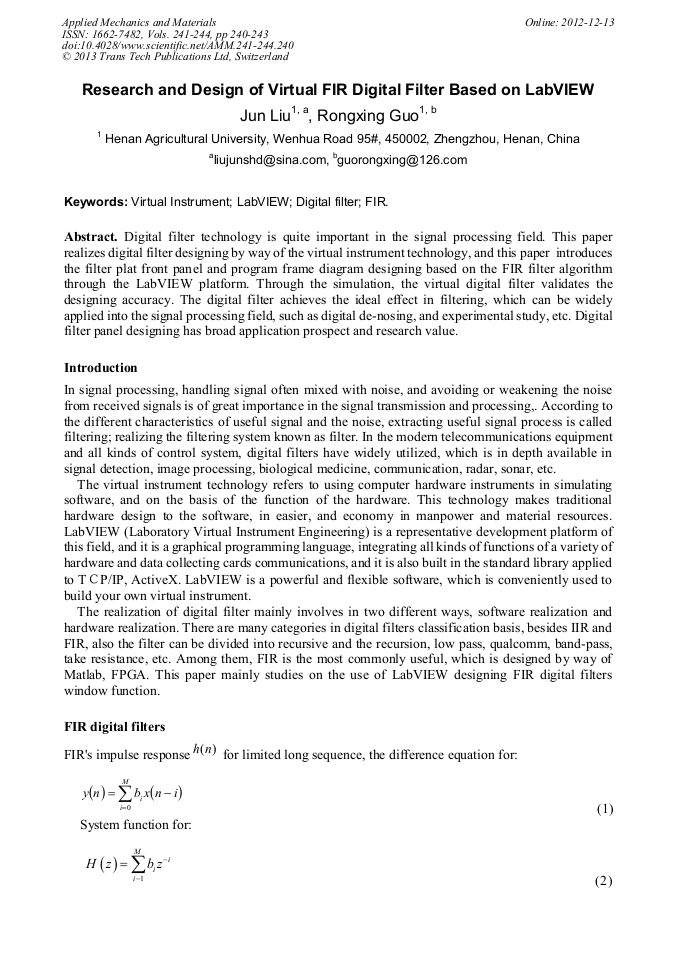 Research and Design of Virtual FIR Digital Filter Based on LabVIEW