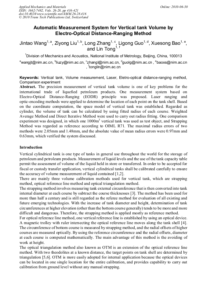 Automatic Measurement System for Vertical Tank Volume by Electro ...