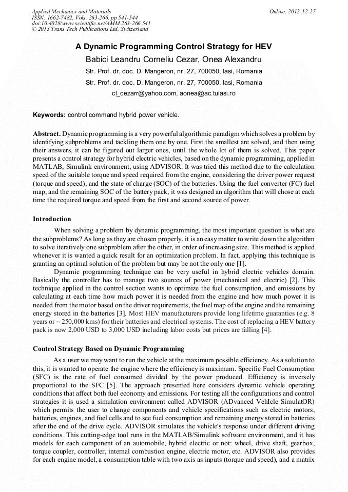 A Dynamic Programming Control Strategy for HEV