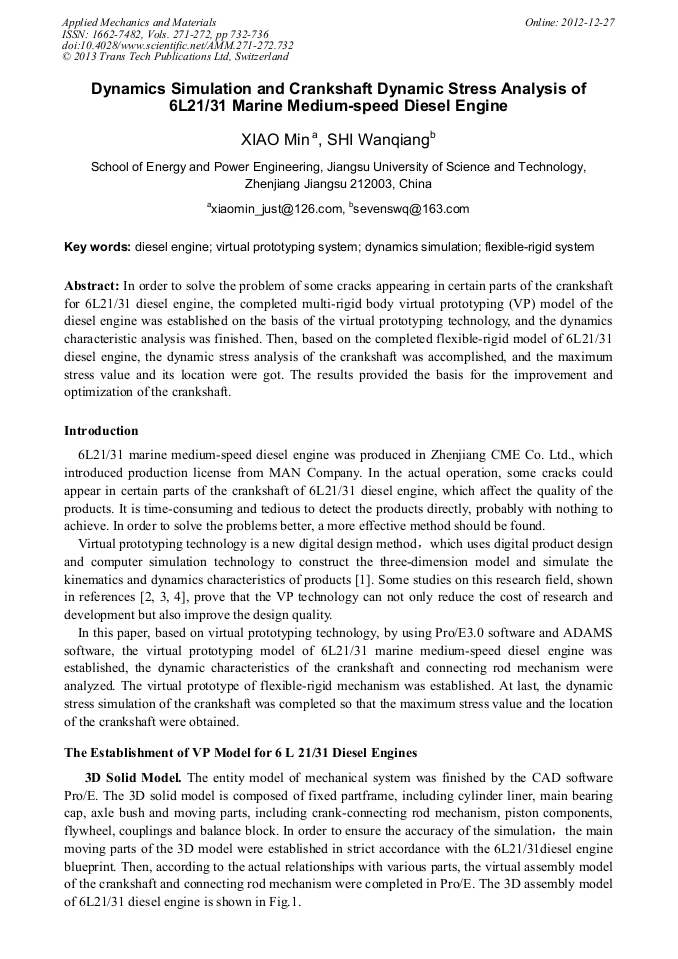 Dynamics Simulation and Crankshaft Dynamic Stress Analysis of 6L21/31