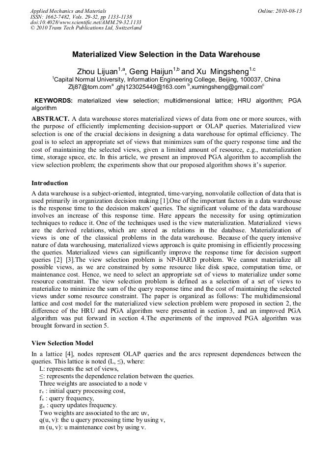 Materialized View Selection in the Data Warehouse