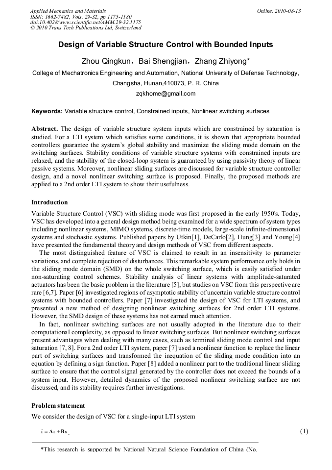 Variable Structure Control Design of Variable Structure Control with Bounded Inputs | Scientific.Net
