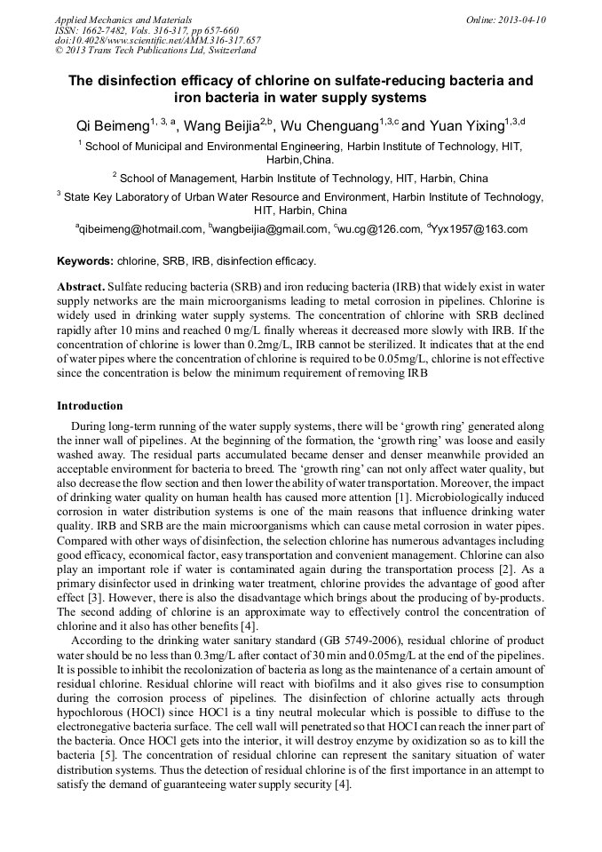 The Disinfection Efficacy of Chlorine on SulfateReducing Bacteria and