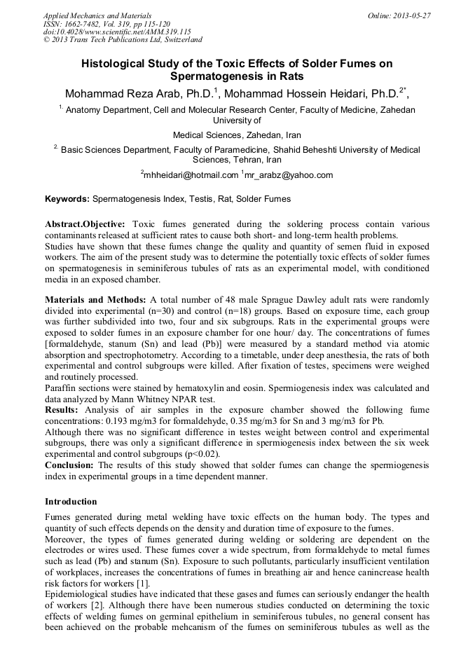 Histological Study of the Toxic Effects of Solder Fumes on