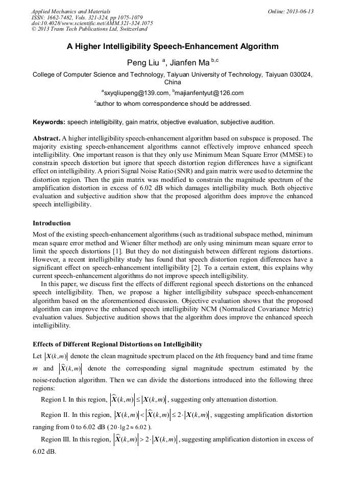 A Higher Intelligibility SpeechEnhancement Algorithm