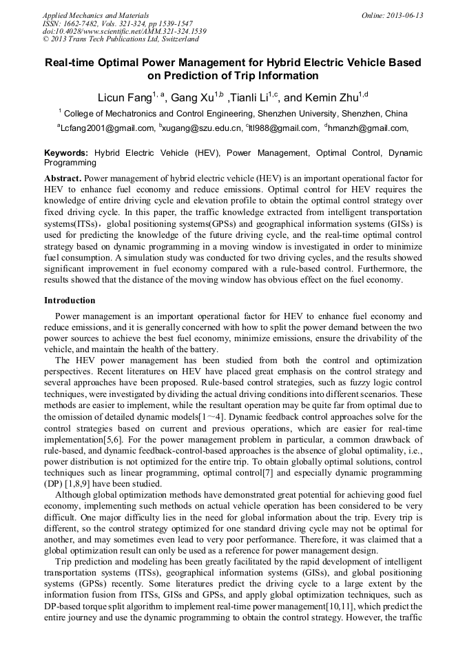 RealTime Optimal Power Management for Hybrid Electric Vehicle Based on
