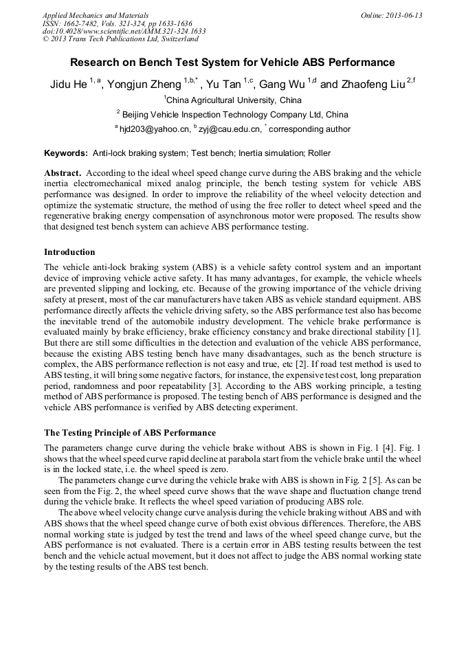Research on Bench Test System for Vehicle ABS Performance