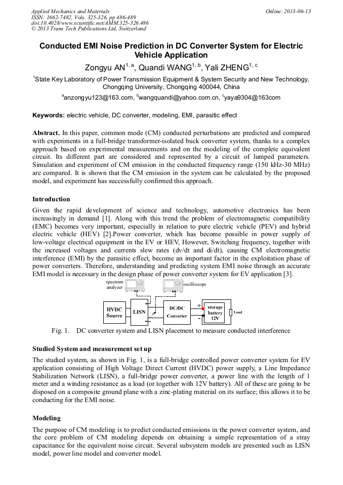 Conducted EMI Noise Prediction in DC Converter System for Electric