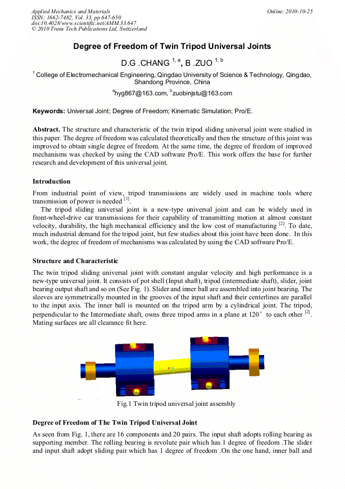 Degree of Freedom of Twin Tripod Universal Joints