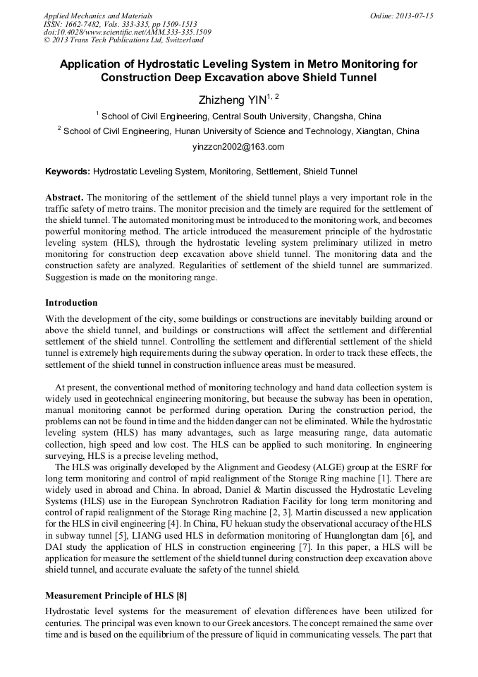 Application of Hydrostatic Leveling System in Metro Monitoring for ...