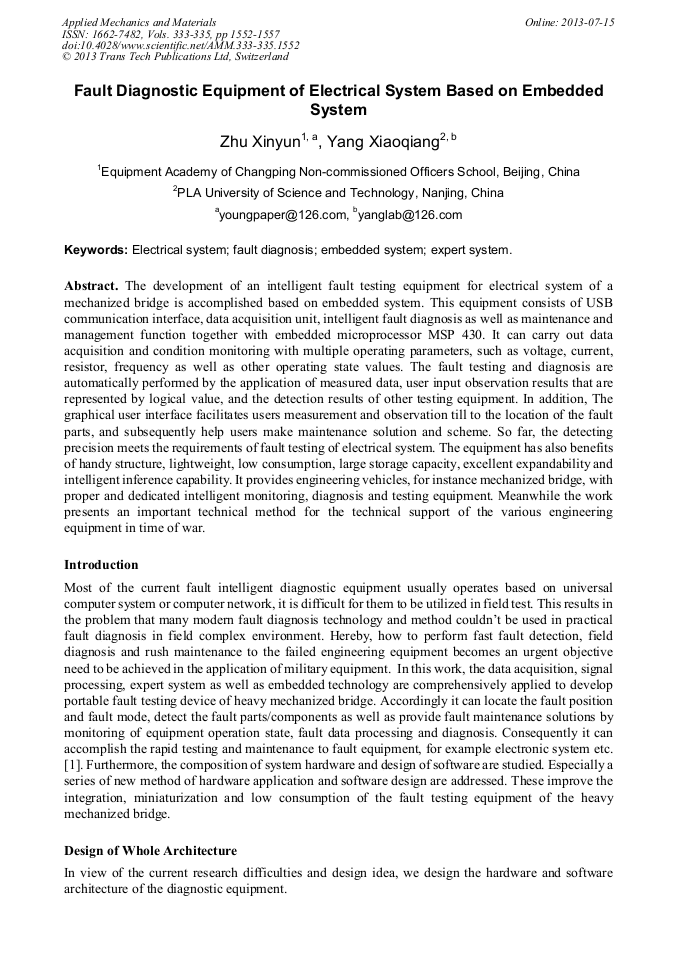Fault Diagnostic Equipment of Electrical System Based on Embedded