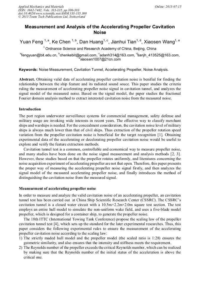 Measurement and Analysis of the Accelerating Propeller Cavitation Noise