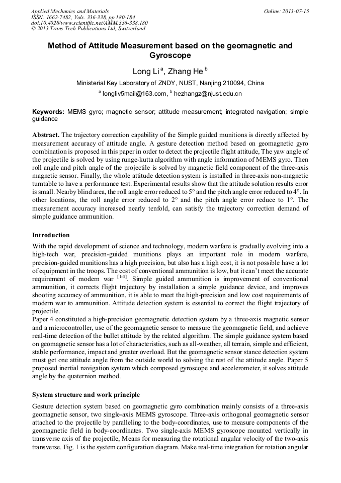 Method of Attitude Measurement Based on the and Gyroscope