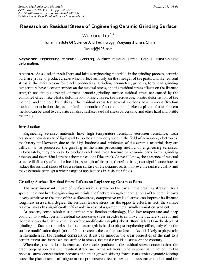 Research on Residual Stress of Engineering Ceramic Grinding Surface