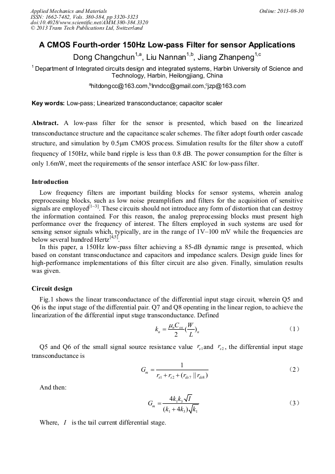 A CMOS Fourth-Order 150Hz Low-Pass Filter for Sensor Applications ...