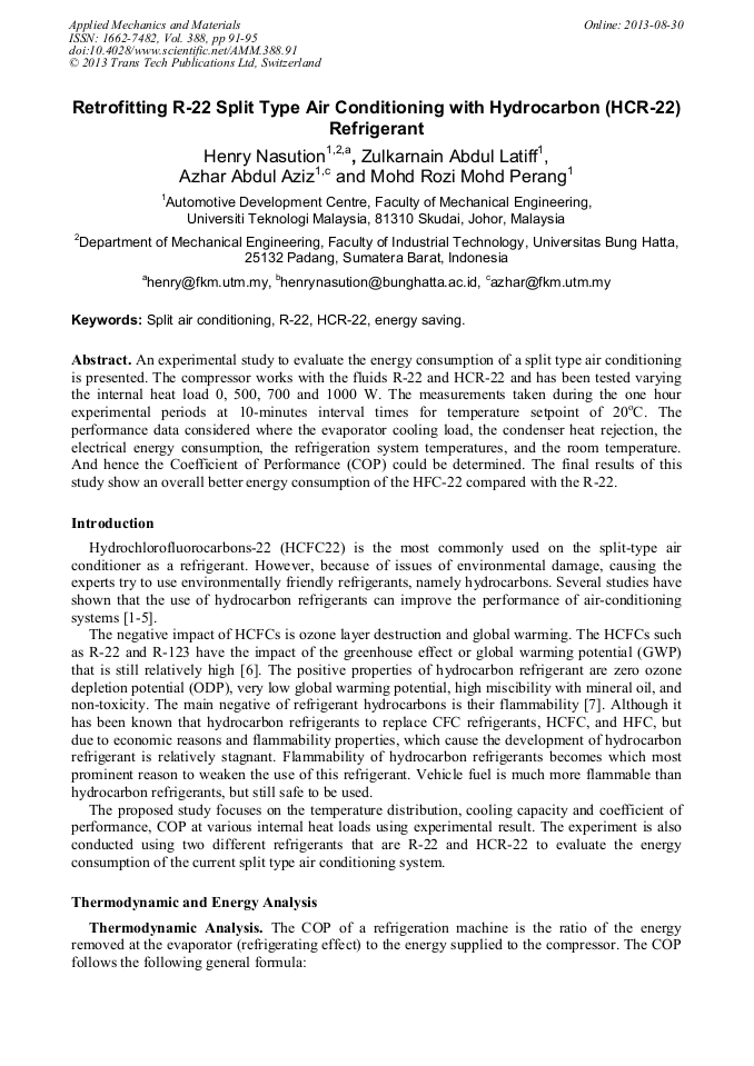 Retrofitting R22 Split Type Air Conditioning with Hydrocarbon (HCR22) Refrigerant