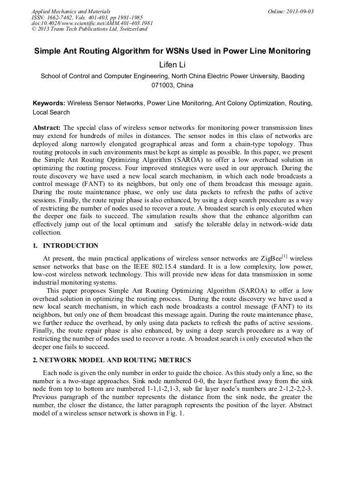 Simple Ant Routing Algorithm for WSNs Used in Power Line Monitoring
