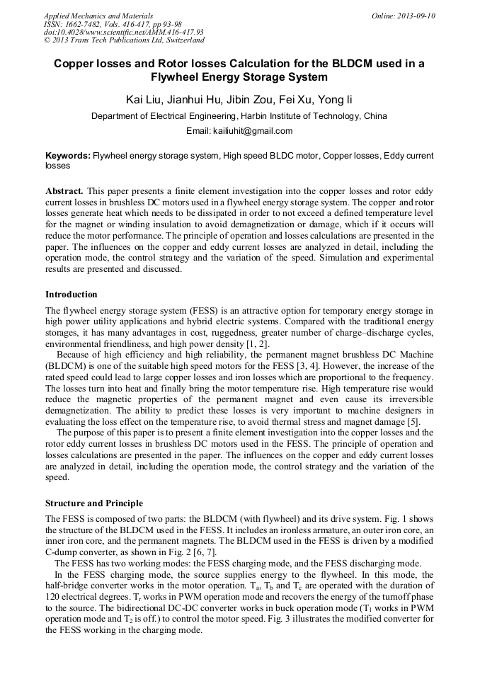 Copper Losses and Rotor Losses Calculation for the BLDCM Used in a