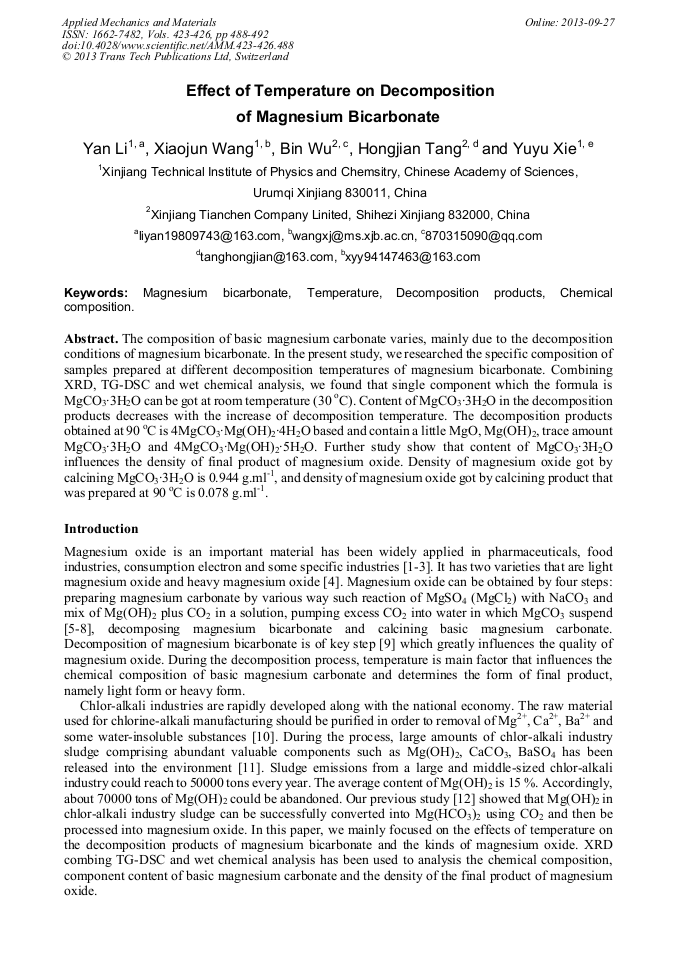 Effect of Temperature on of Magnesium Bicarbonate