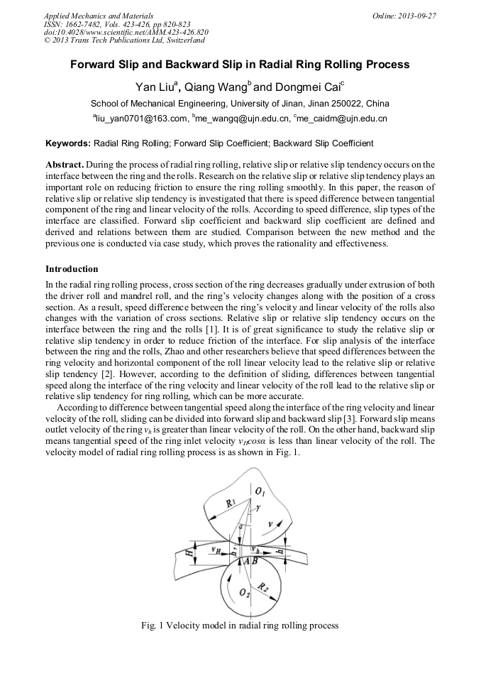 Forward Slip and Backward Slip in Radial Ring Rolling Process